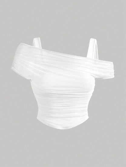 MOD Summer Plus Size Solid Color Mesh Transparent Off-Shoulder White Tank Top