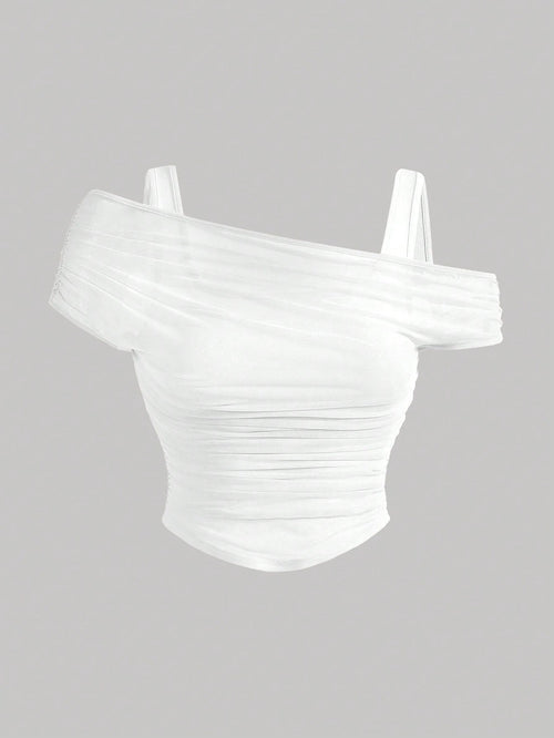 MOD Summer Plus Size Solid Color Mesh Transparent Off-Shoulder White Tank Top