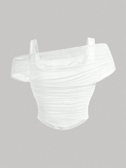 MOD Summer Plus Size Solid Color Mesh Transparent Off-Shoulder White Tank Top