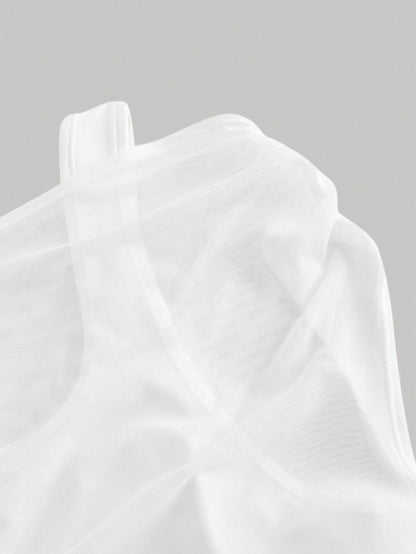 MOD Summer Plus Size Solid Color Mesh Transparent Off-Shoulder White Tank Top