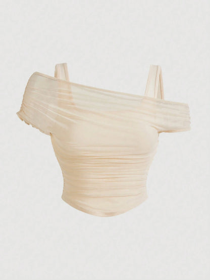 MOD Summer Plus Size Solid Color Mesh Transparent Off-Shoulder White Tank Top