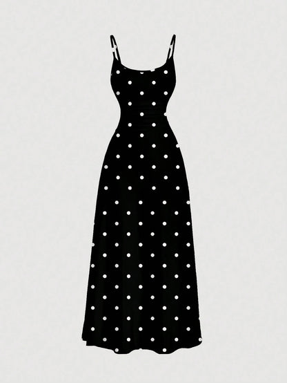 MOD Vintage Polka Dot Black Loose Waist Gather Design Suspender Dress, Casual And Simple, Suitable For Summer,Vacation Outfits Women,Polka Chic