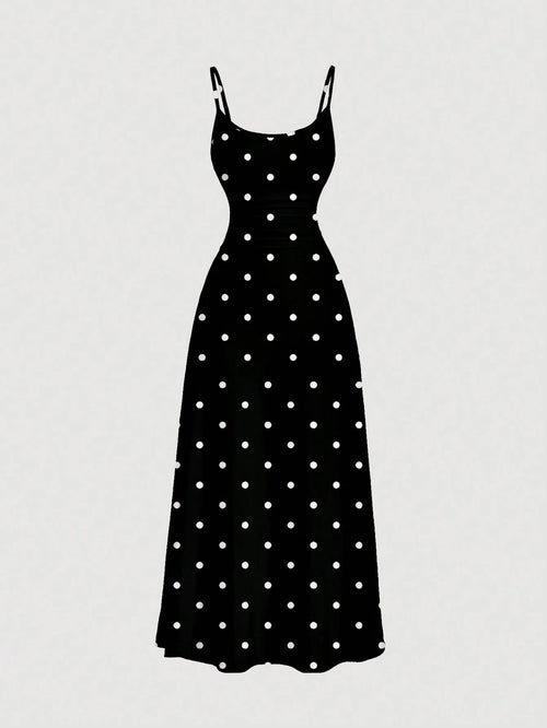 MOD Vintage Polka Dot Black Loose Waist Gather Design Suspender Dress, Casual And Simple, Suitable For Summer,Vacation Outfits Women,Polka Chic