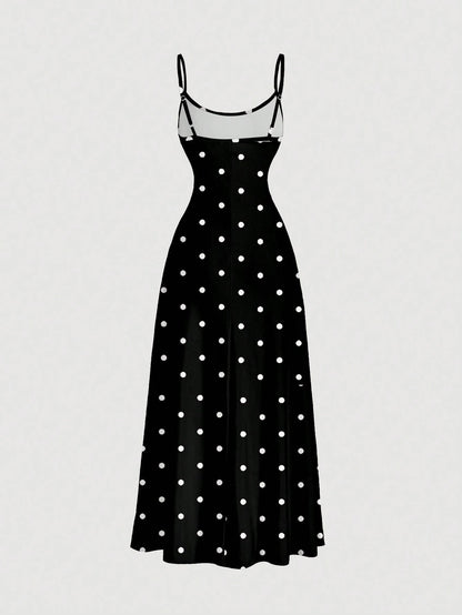 MOD Vintage Polka Dot Black Loose Waist Gather Design Suspender Dress, Casual And Simple, Suitable For Summer,Vacation Outfits Women,Polka Chic
