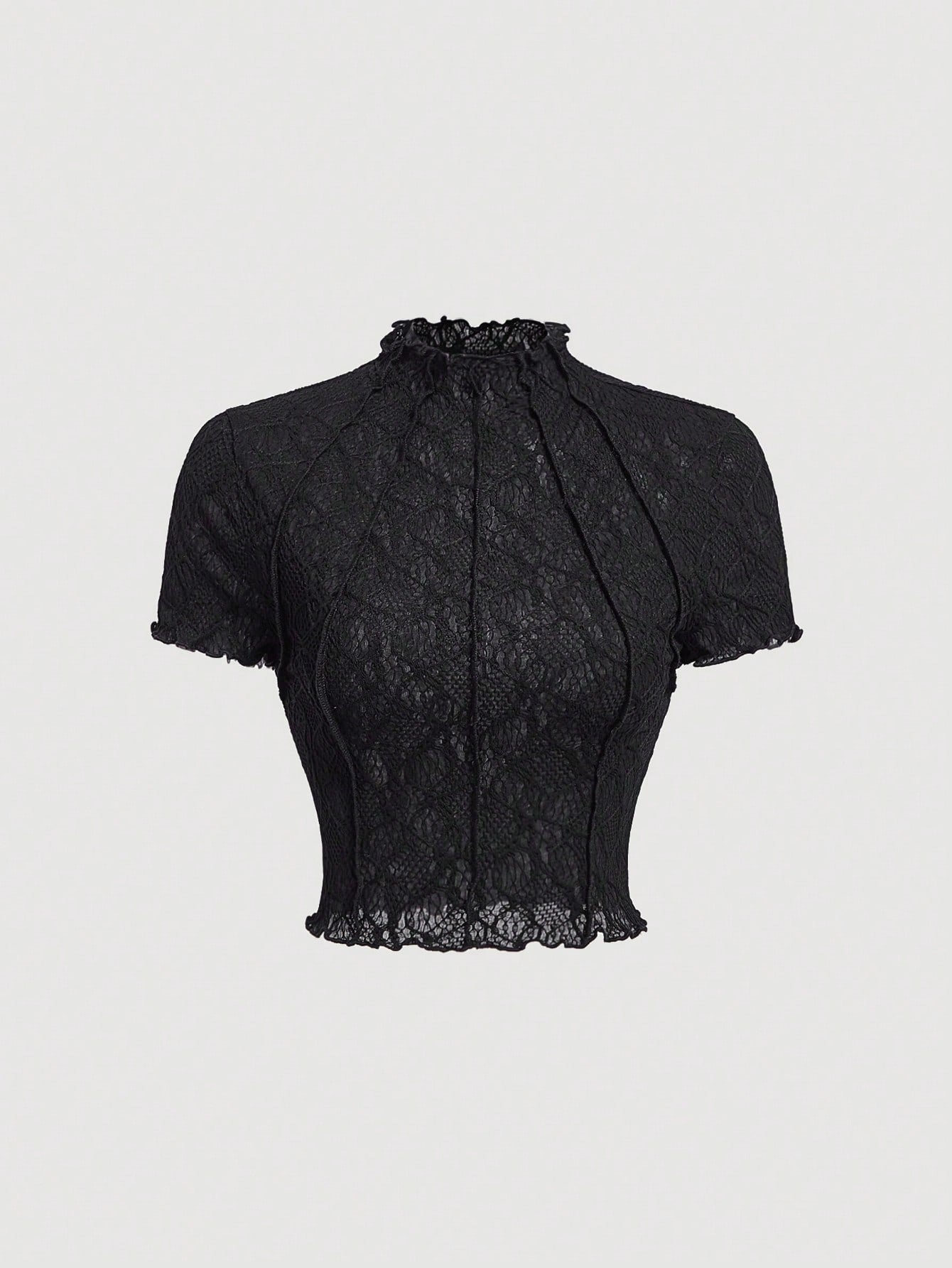 MOD Women's Black Knitted Perspective Stand Collar Short Sleeve Slim Fit T-Shirt Suitable For Summer