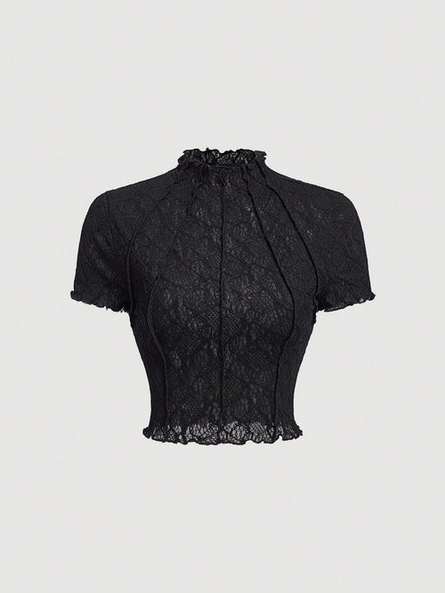 MOD Women's Black Knitted Perspective Stand Collar Short Sleeve Slim Fit T-Shirt Suitable For Summer