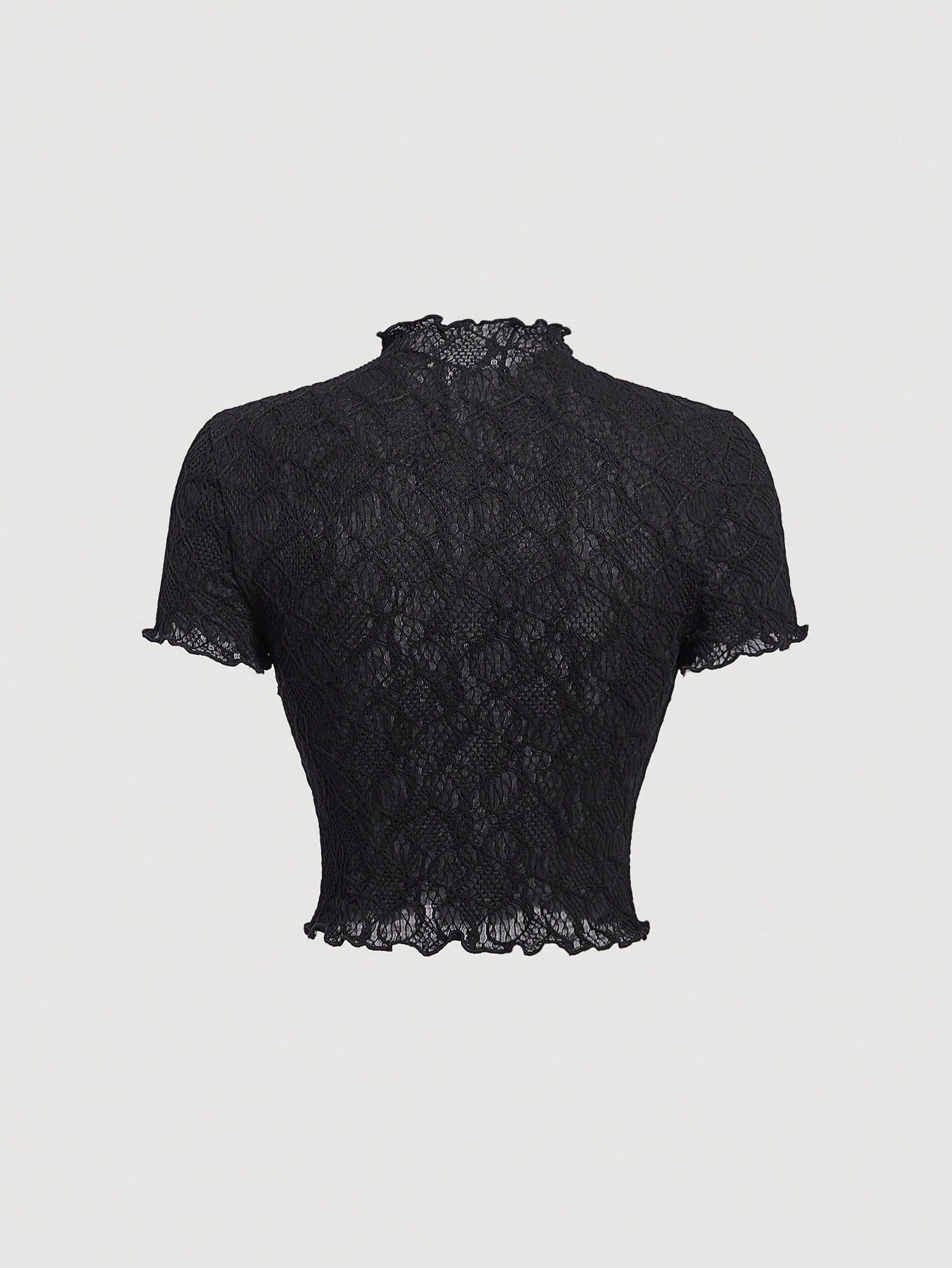 MOD Women's Black Knitted Perspective Stand Collar Short Sleeve Slim Fit T-Shirt Suitable For Summer