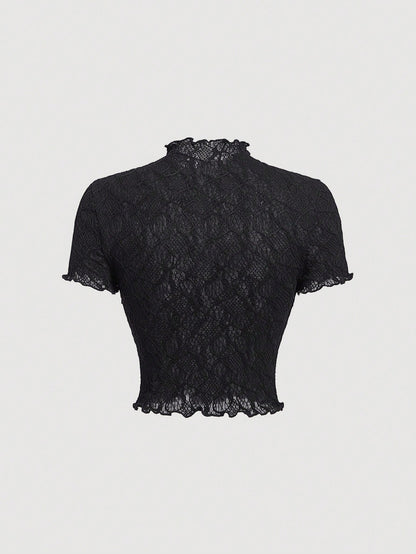 MOD Women's Black Knitted Perspective Stand Collar Short Sleeve Slim Fit T-Shirt Suitable For Summer