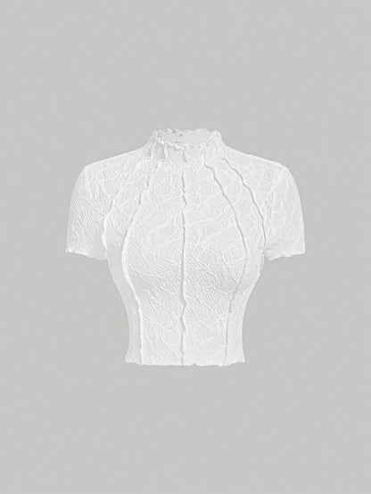 MOD Women's Black Knitted Perspective Stand Collar Short Sleeve Slim Fit T-Shirt Suitable For Summer