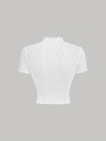 MOD Women's Black Knitted Perspective Stand Collar Short Sleeve Slim Fit T-Shirt Suitable For Summer