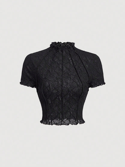 MOD Women's Black Knitted Perspective Stand Collar Short Sleeve Slim Fit T-Shirt Suitable For Summer