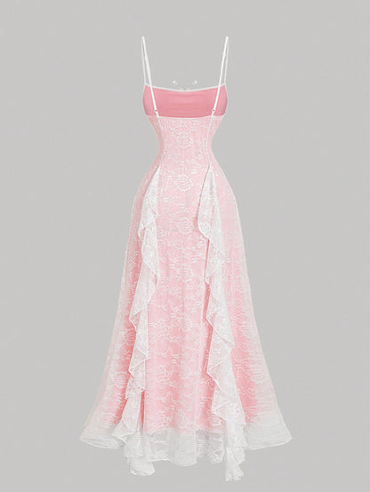 MOD Women's Elegant Pink Floral Lace Ruffle Bow Decor Slip Dress,Cute Summer Dates Vacation Outfits, Party Evening Wedding Guest Dress,Pastel Dresses