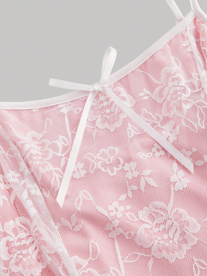 MOD Women's Elegant Pink Floral Lace Ruffle Bow Decor Slip Dress,Cute Summer Dates Vacation Outfits, Party Evening Wedding Guest Dress,Pastel Dresses