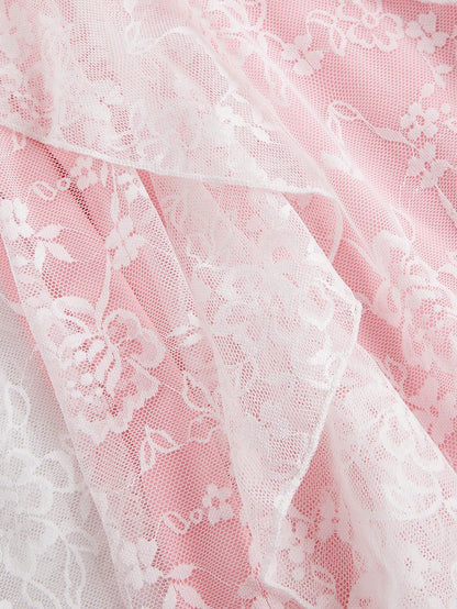 MOD Women's Elegant Pink Floral Lace Ruffle Bow Decor Slip Dress,Cute Summer Dates Vacation Outfits, Party Evening Wedding Guest Dress,Pastel Dresses