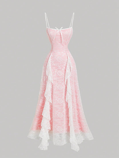 MOD Women's Elegant Pink Floral Lace Ruffle Bow Decor Slip Dress,Cute Summer Dates Vacation Outfits, Party Evening Wedding Guest Dress,Pastel Dresses