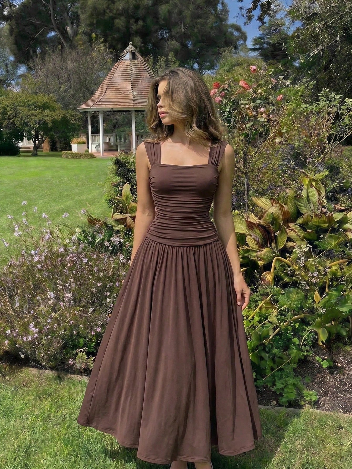 MOD Women's Solid Color Pleated Square Neck Sleeveless Elegant Midi Dress,Summer,Vacation,Going Out,Birthday,Tea Party,Beach, Back To School,Casual