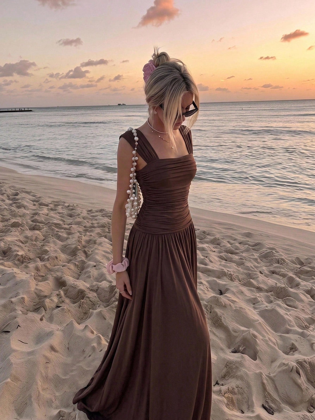 MOD Women's Solid Color Pleated Square Neck Sleeveless Elegant Midi Dress,Summer,Vacation,Going Out,Birthday,Tea Party,Beach, Back To School,Casual