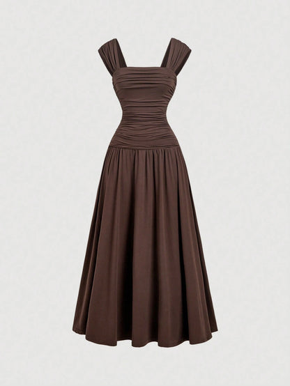 MOD Women's Solid Color Pleated Square Neck Sleeveless Elegant Midi Dress,Summer,Vacation,Going Out,Birthday,Tea Party,Beach, Back To School,Casual