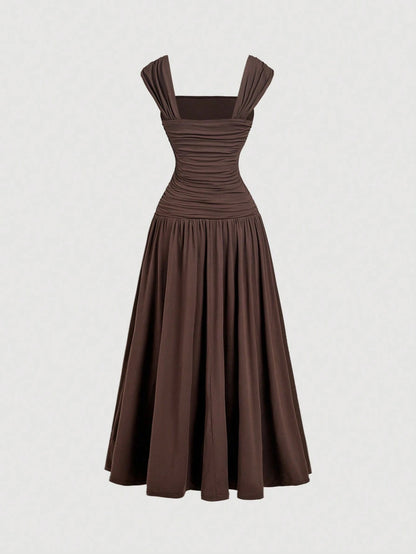 MOD Women's Solid Color Pleated Square Neck Sleeveless Elegant Midi Dress,Summer,Vacation,Going Out,Birthday,Tea Party,Beach, Back To School,Casual