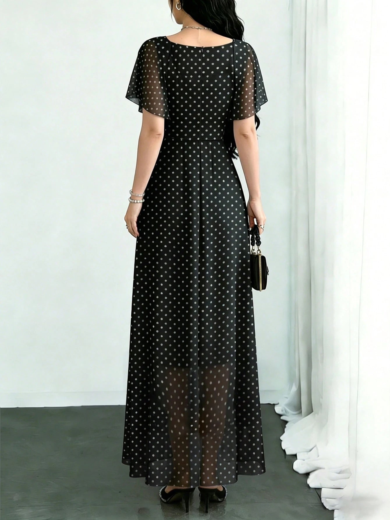 Modelyn Black Polka Dot Print Pleated Square Neck Flutter Sleeve Design Dress, Waist Cinched Elegant Long Dress For Summer Vacation & Daily Wear