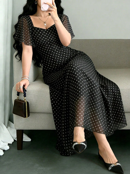 Modelyn Black Polka Dot Print Pleated Square Neck Flutter Sleeve Design Dress, Waist Cinched Elegant Long Dress For Summer Vacation & Daily Wear