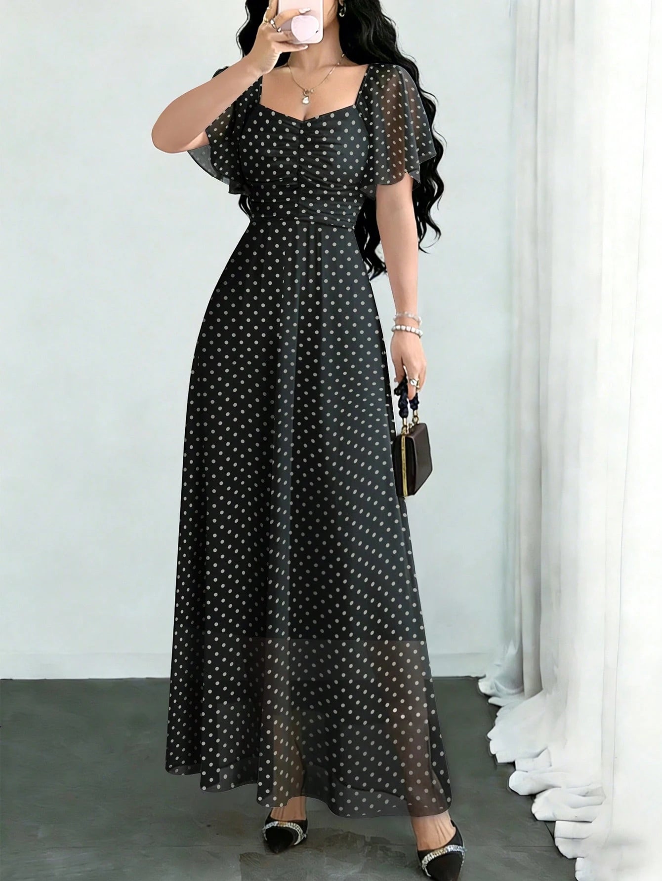 Modelyn Black Polka Dot Print Pleated Square Neck Flutter Sleeve Design Dress, Waist Cinched Elegant Long Dress For Summer Vacation & Daily Wear