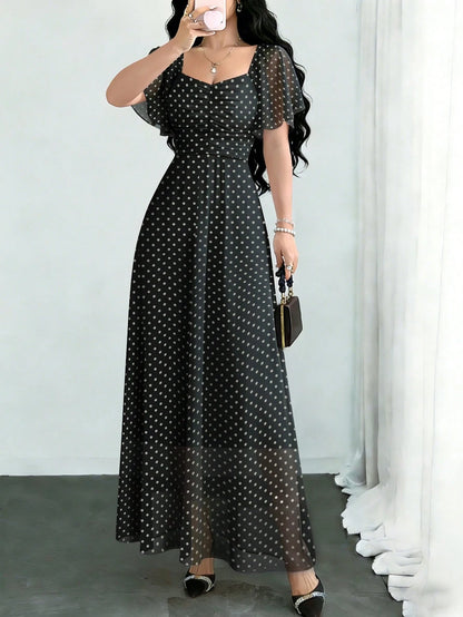 Modelyn Black Polka Dot Print Pleated Square Neck Flutter Sleeve Design Dress, Waist Cinched Elegant Long Dress For Summer Vacation & Daily Wear