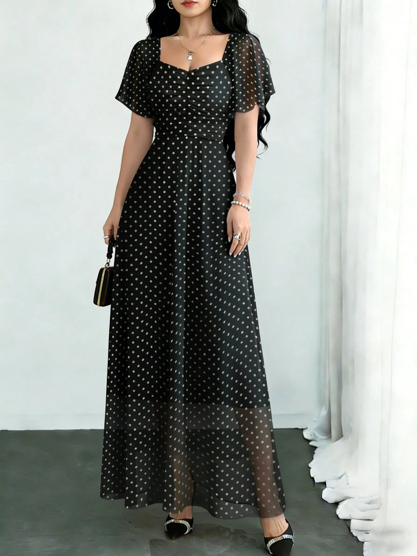 Modelyn Black Polka Dot Print Pleated Square Neck Flutter Sleeve Design Dress, Waist Cinched Elegant Long Dress For Summer Vacation & Daily Wear