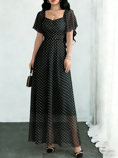 Modelyn Black Polka Dot Print Pleated Square Neck Flutter Sleeve Design Dress, Waist Cinched Elegant Long Dress For Summer Vacation & Daily Wear