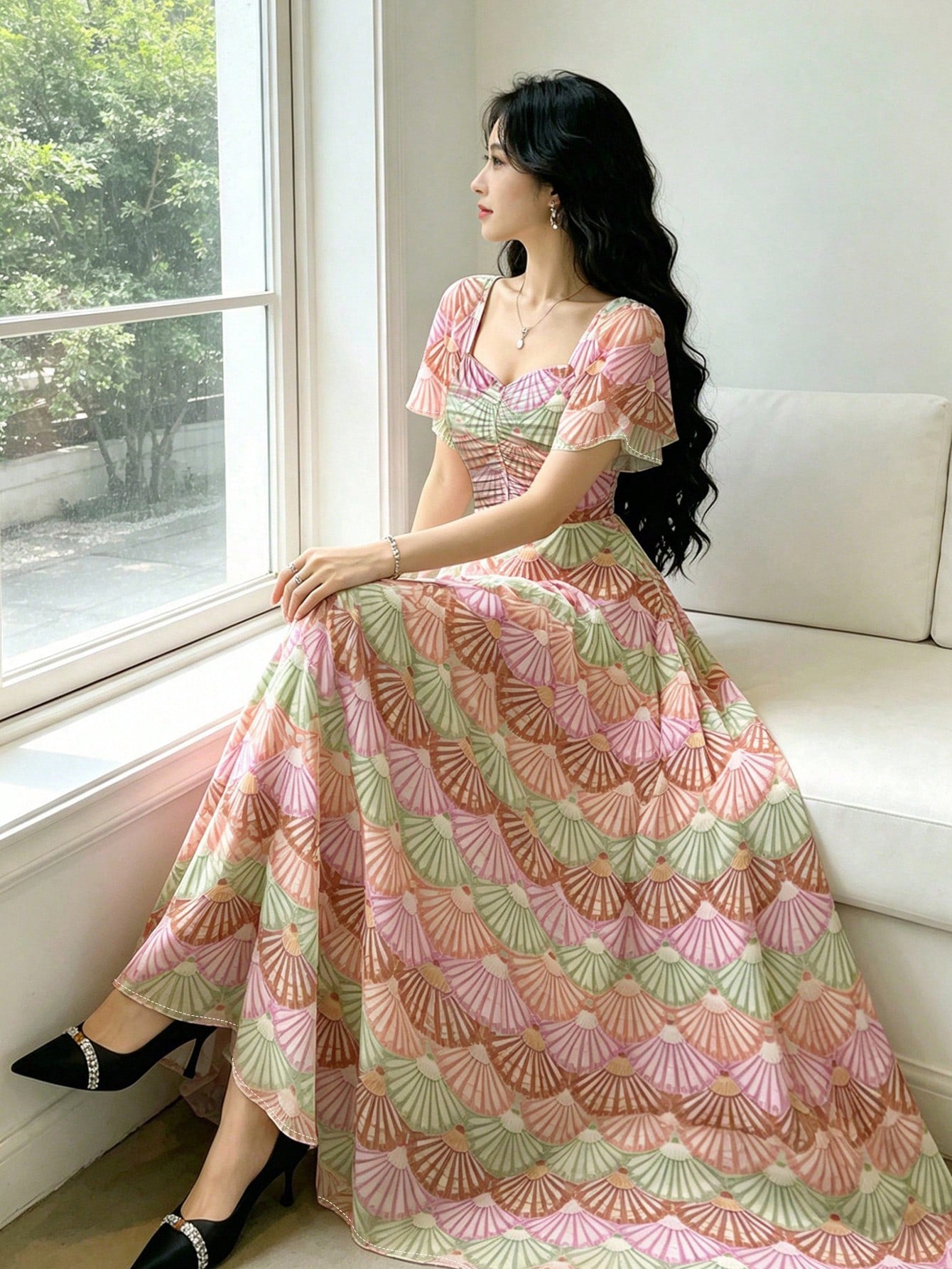 Modelyn Black Polka Dot Print Pleated Square Neck Flutter Sleeve Design Dress, Waist Cinched Elegant Long Dress For Summer Vacation & Daily Wear
