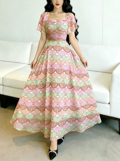 Modelyn Black Polka Dot Print Pleated Square Neck Flutter Sleeve Design Dress, Waist Cinched Elegant Long Dress For Summer Vacation & Daily Wear