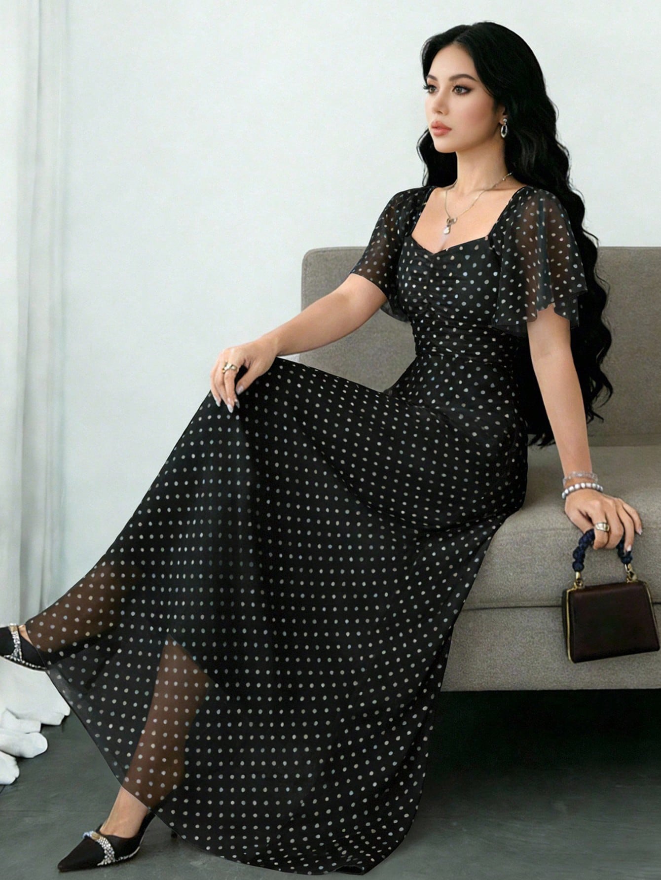 Modelyn Black Polka Dot Print Pleated Square Neck Flutter Sleeve Design Dress, Waist Cinched Elegant Long Dress For Summer Vacation & Daily Wear