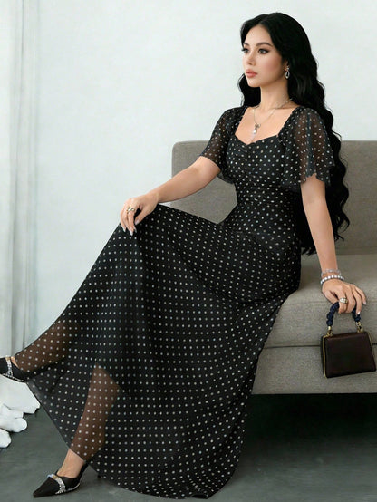 Modelyn Black Polka Dot Print Pleated Square Neck Flutter Sleeve Design Dress, Waist Cinched Elegant Long Dress For Summer Vacation & Daily Wear