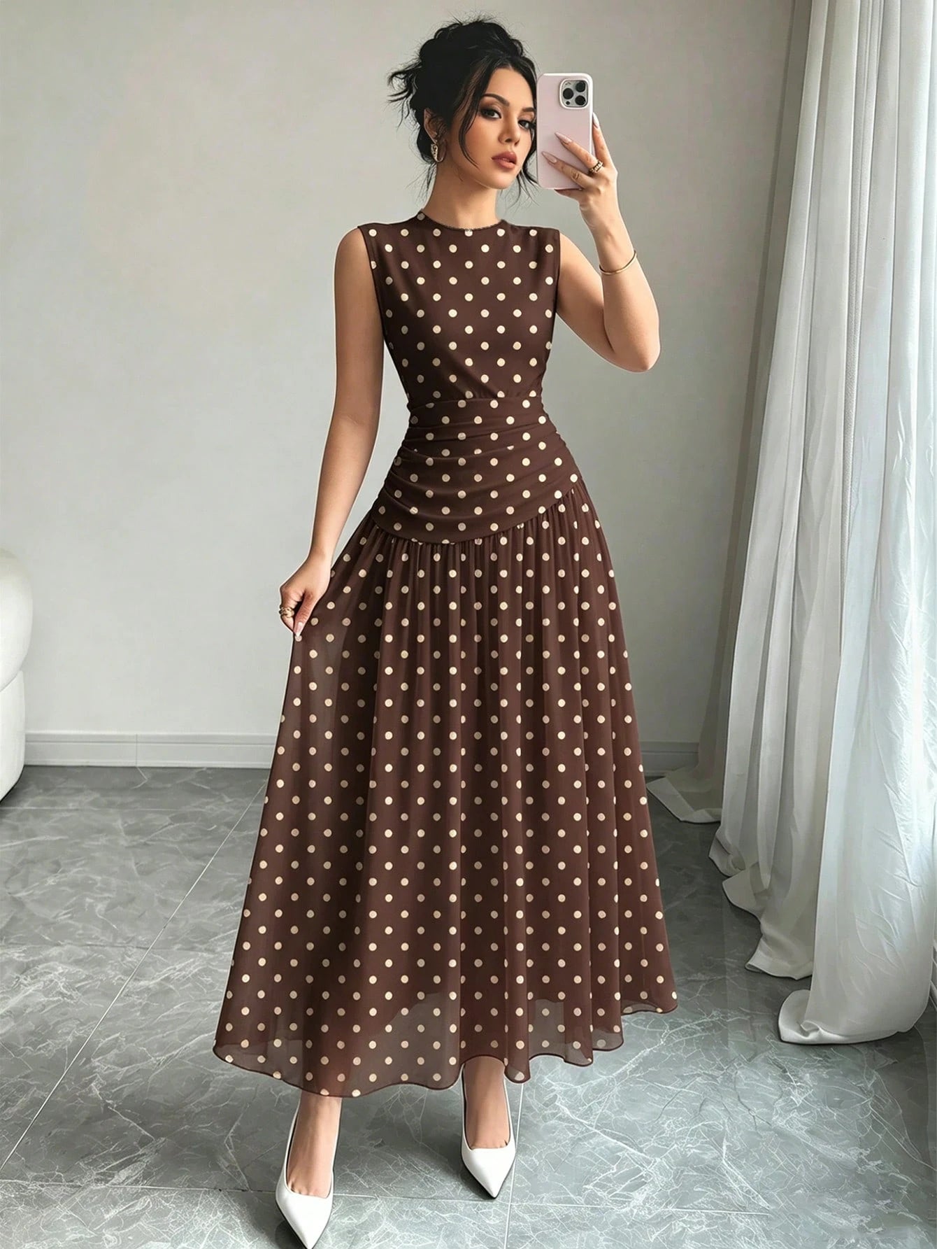 Modelyn Brown And White Polka Dot French Chiffon Dress, Women's Fashion Low Neckline Sleeveless Waist-Defining Long Dress, Elegant Garden Party