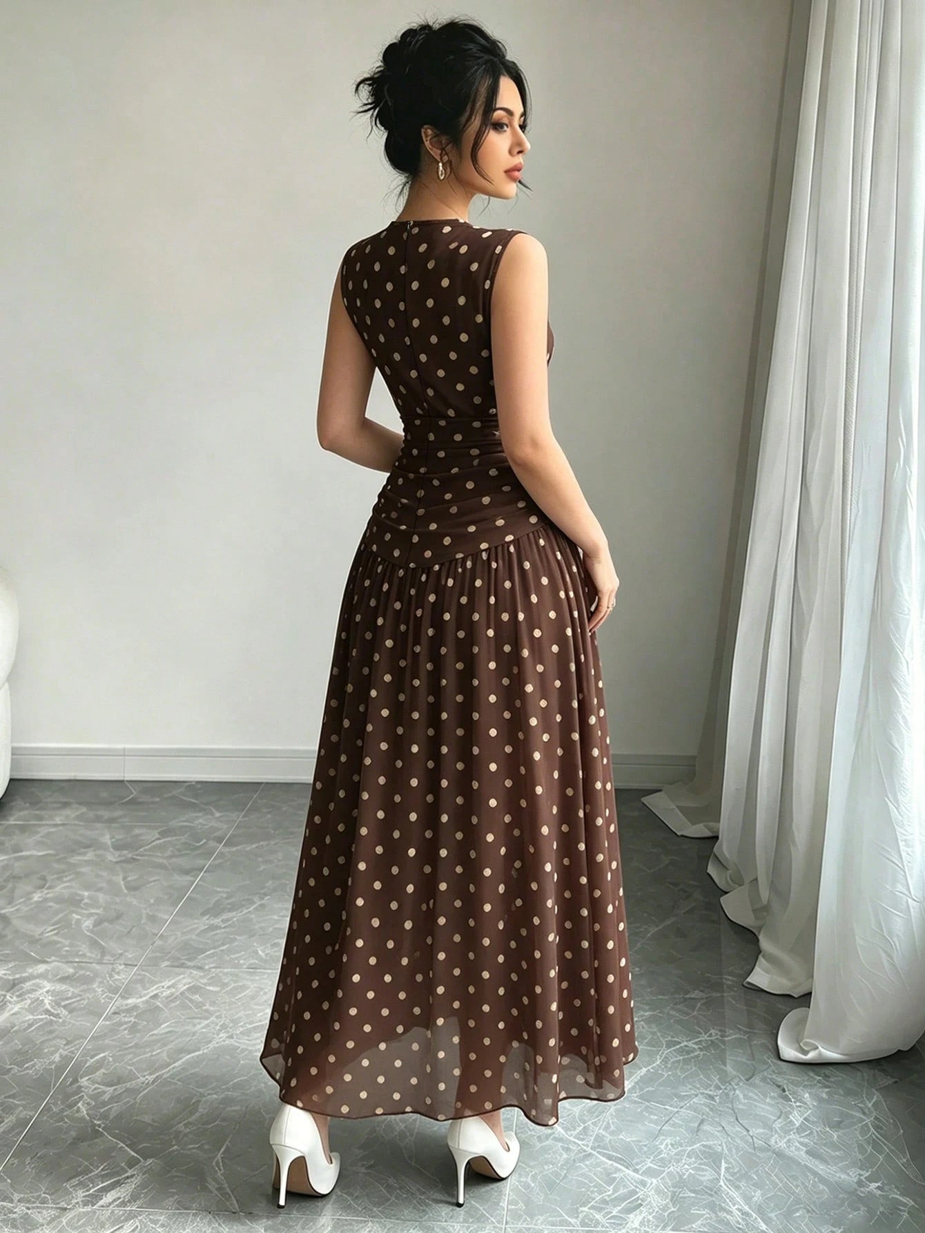Modelyn Brown And White Polka Dot French Chiffon Dress, Women's Fashion Low Neckline Sleeveless Waist-Defining Long Dress, Elegant Garden Party