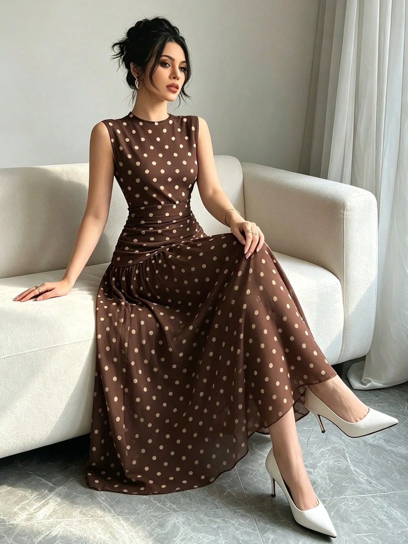 Modelyn Brown And White Polka Dot French Chiffon Dress, Women's Fashion Low Neckline Sleeveless Waist-Defining Long Dress, Elegant Garden Party