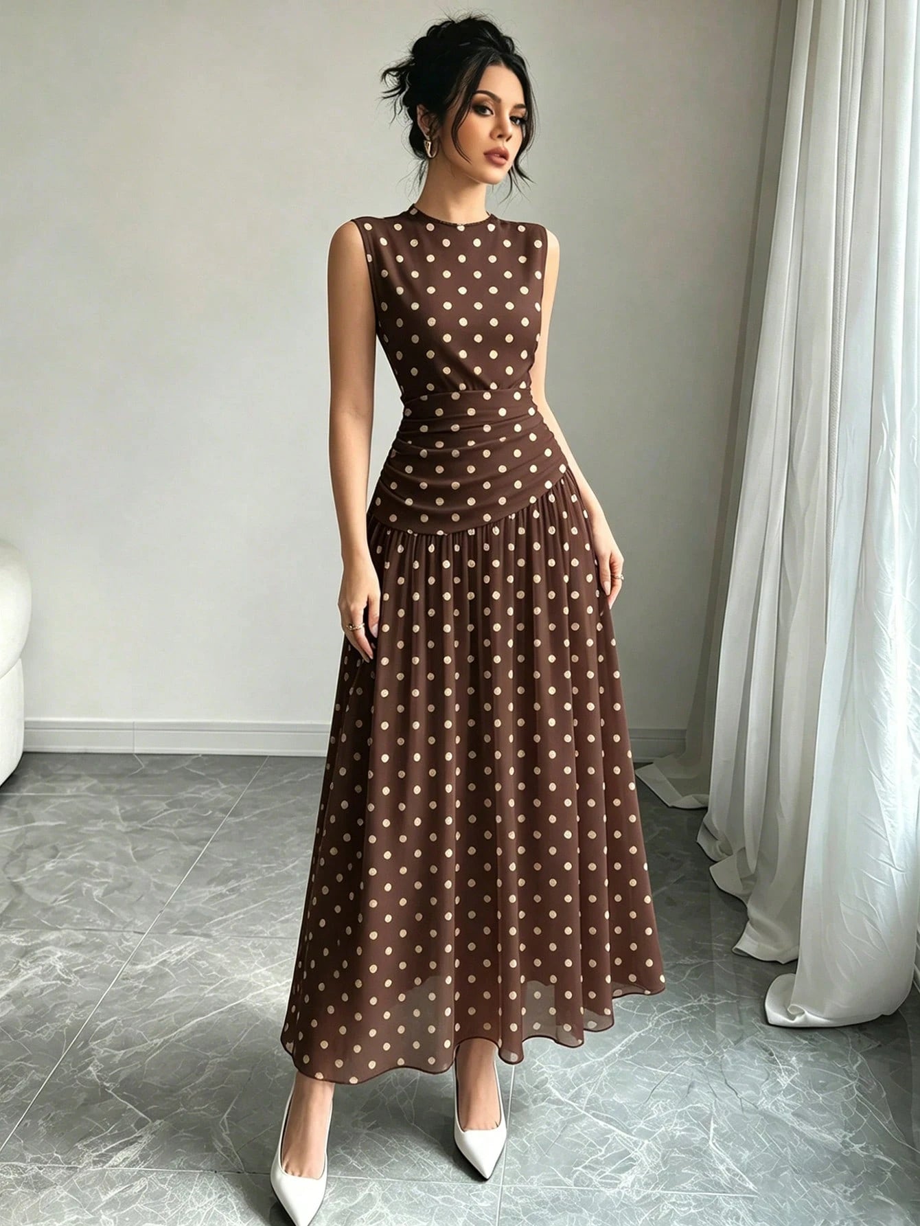 Modelyn Brown And White Polka Dot French Chiffon Dress, Women's Fashion Low Neckline Sleeveless Waist-Defining Long Dress, Elegant Garden Party