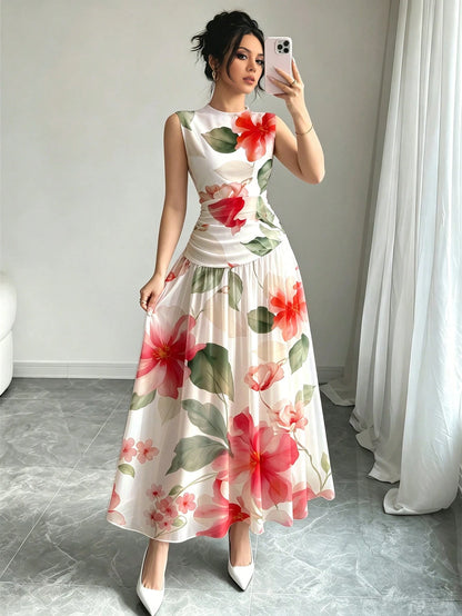 Modelyn Brown And White Polka Dot French Chiffon Dress, Women's Fashion Low Neckline Sleeveless Waist-Defining Long Dress, Elegant Garden Party