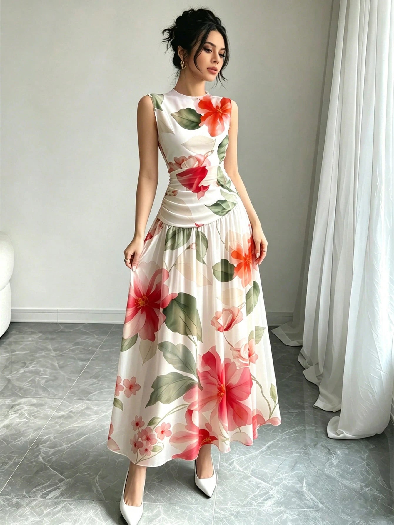 Modelyn Brown And White Polka Dot French Chiffon Dress, Women's Fashion Low Neckline Sleeveless Waist-Defining Long Dress, Elegant Garden Party