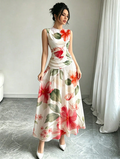 Modelyn Brown And White Polka Dot French Chiffon Dress, Women's Fashion Low Neckline Sleeveless Waist-Defining Long Dress, Elegant Garden Party