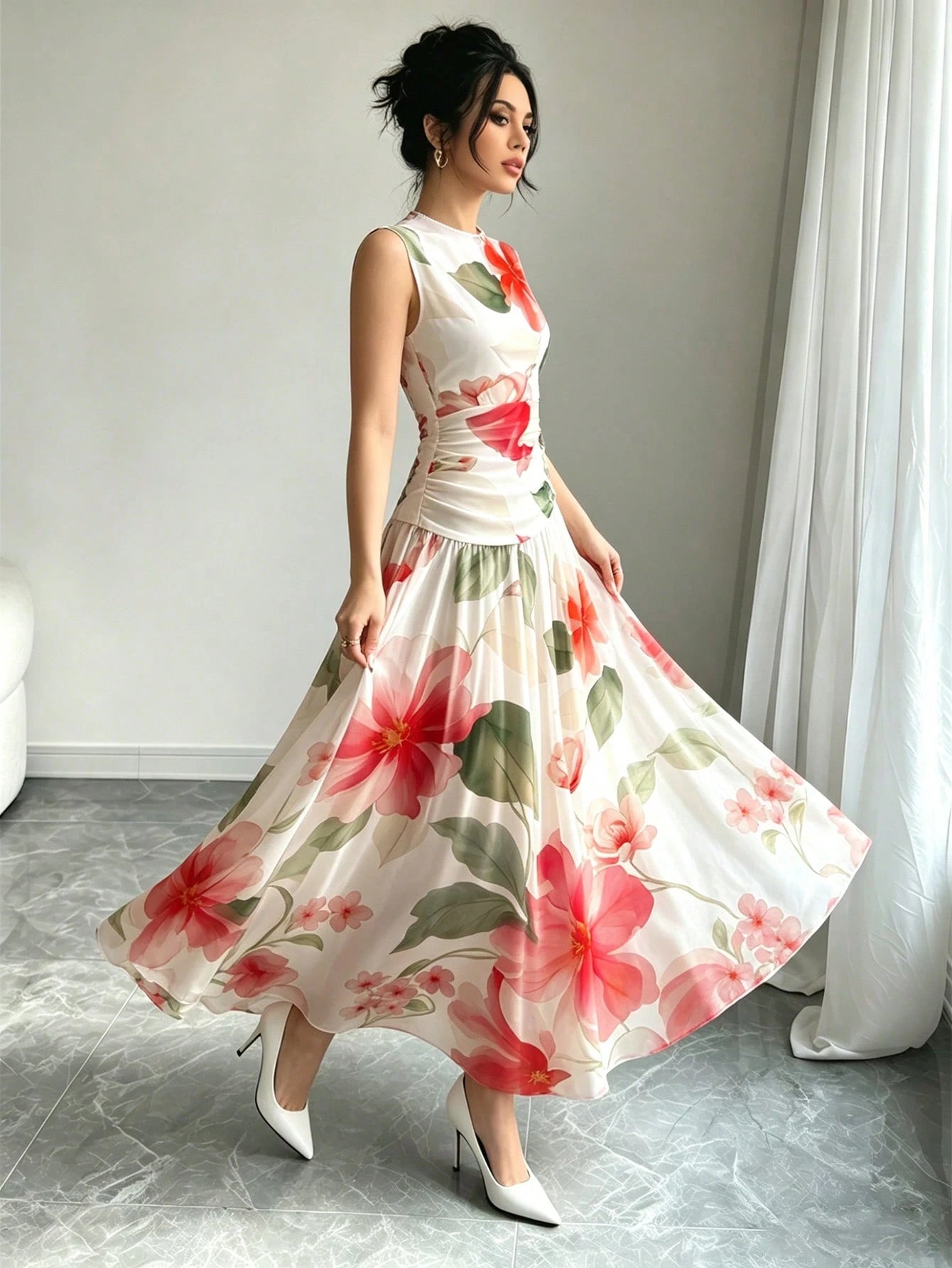 Modelyn Brown And White Polka Dot French Chiffon Dress, Women's Fashion Low Neckline Sleeveless Waist-Defining Long Dress, Elegant Garden Party