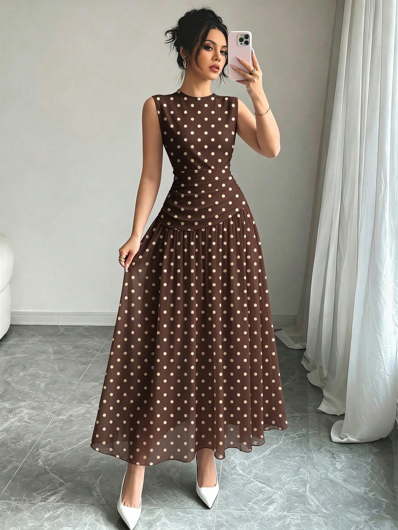 Modelyn Brown And White Polka Dot French Chiffon Dress, Women's Fashion Low Neckline Sleeveless Waist-Defining Long Dress, Elegant Garden Party