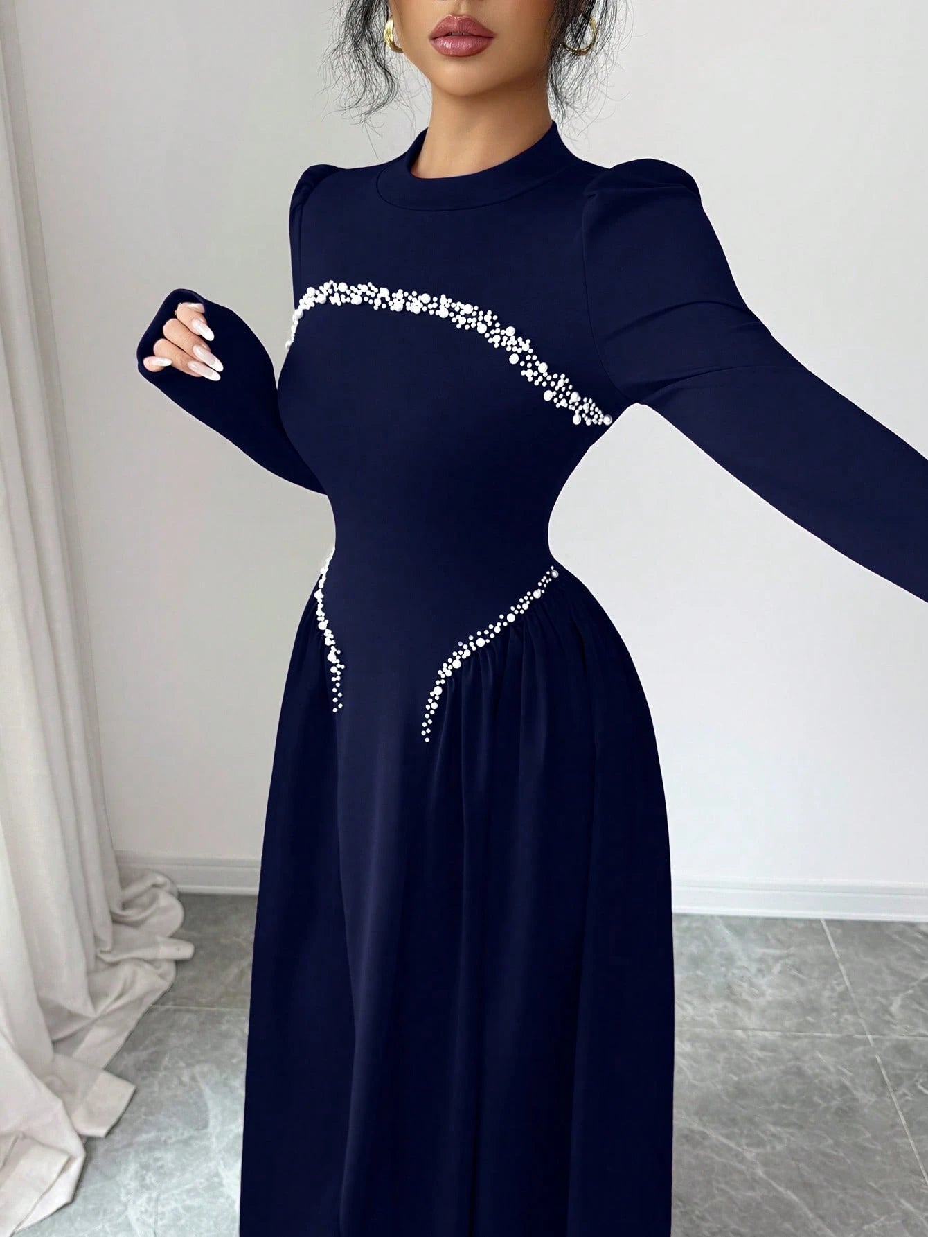 Modelyn Elegant Long Wine Red Beaded Dress For Women, Winter