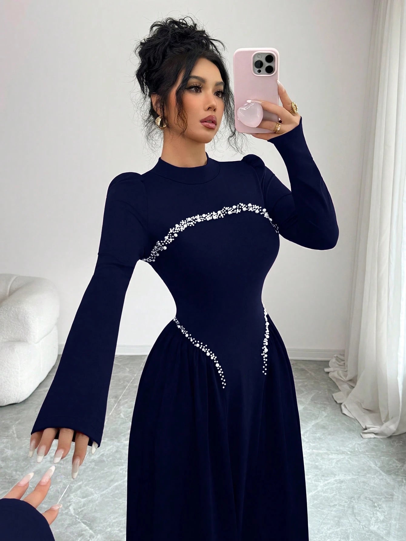 Modelyn Elegant Long Wine Red Beaded Dress For Women, Winter