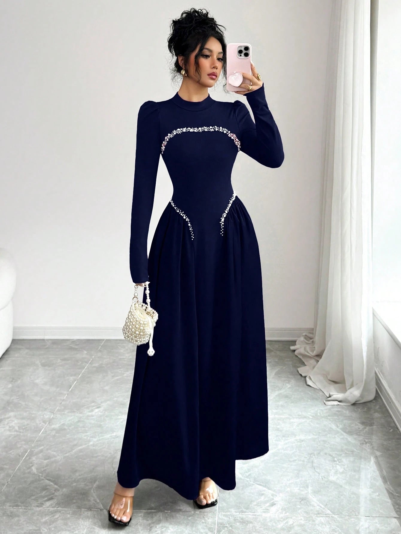 Modelyn Elegant Long Wine Red Beaded Dress For Women, Winter