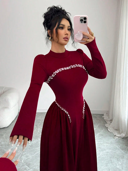 Modelyn Elegant Long Wine Red Beaded Dress For Women, Winter