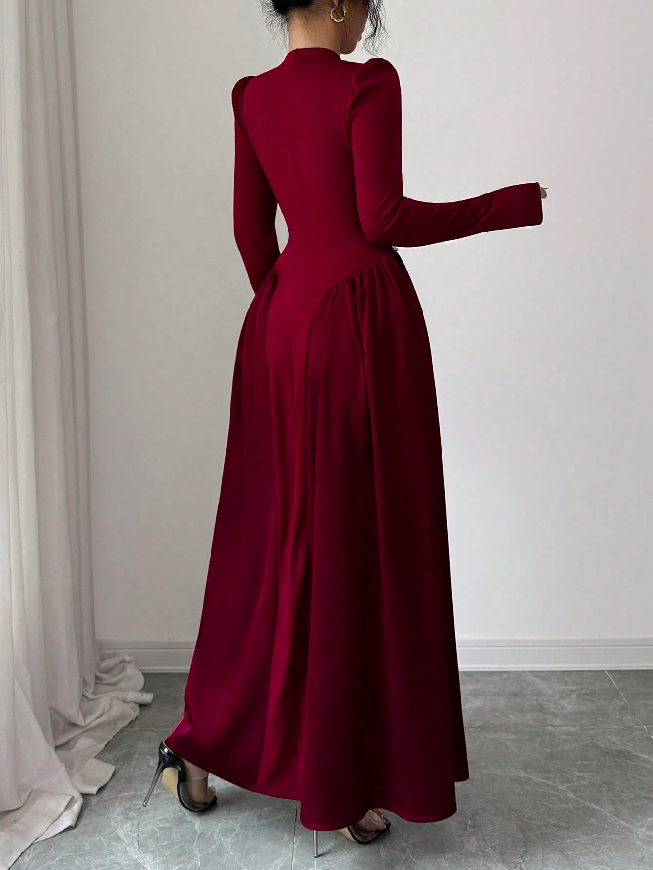 Modelyn Elegant Long Wine Red Beaded Dress For Women, Winter