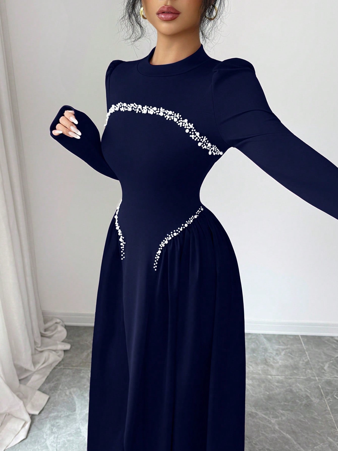 Modelyn Elegant Long Wine Red Beaded Dress For Women, Winter