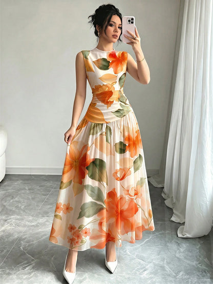 Modelyn Orange Floral Print V-Neck Sleeveless Maxi Dress, Women's Fashion Ruched Waist Long Chiffon Dress, Floral Pattern Apricot Chiffon Maxi Dress, Summer Vacation & Elegant Daily Wear