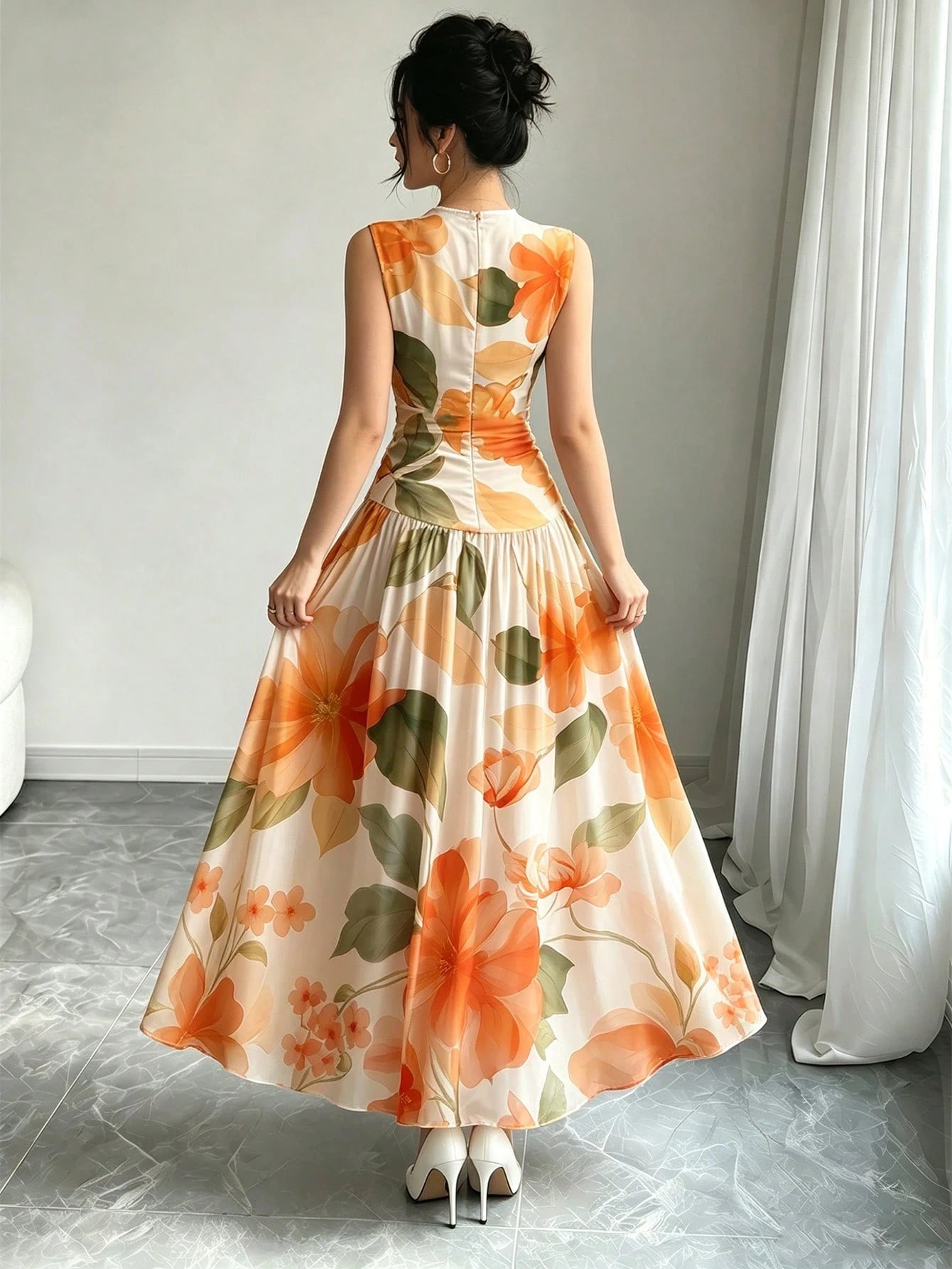 Modelyn Orange Floral Print V-Neck Sleeveless Maxi Dress, Women's Fashion Ruched Waist Long Chiffon Dress, Floral Pattern Apricot Chiffon Maxi Dress, Summer Vacation & Elegant Daily Wear
